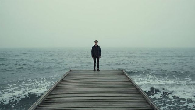 Solitary man standing on wooden pier facing foggy ocean horizon, moody seascape