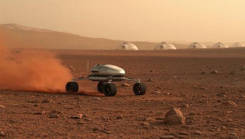 Six-wheel rover roving across martian plain kicking up dust near dome habitats