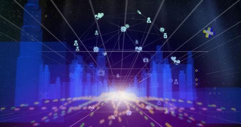 Futuristic cyber network connecting through holographic cityscape