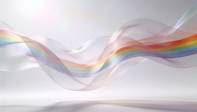 Sheer rainbow ribbon flowing undulating over minimal gray background with soft reflection