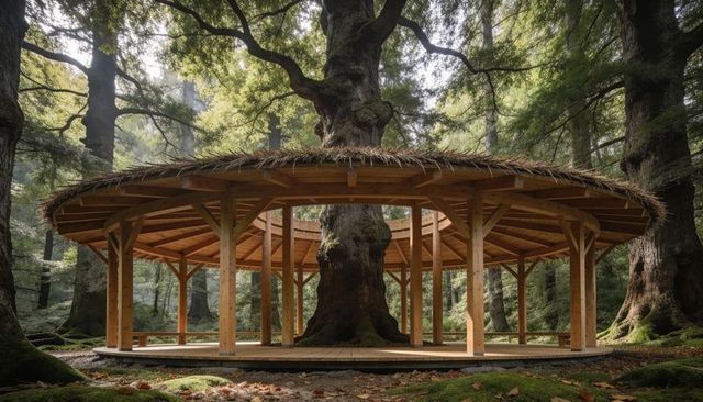 Circular wooden pavilion embracing ancient tree in misty forest clearing