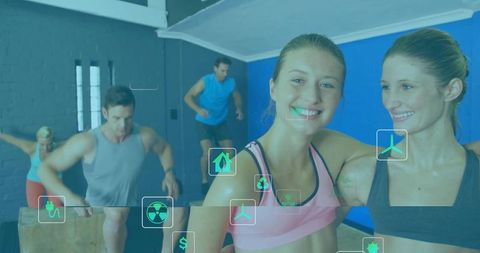 Women leading energetic workout with fitness technology icons
