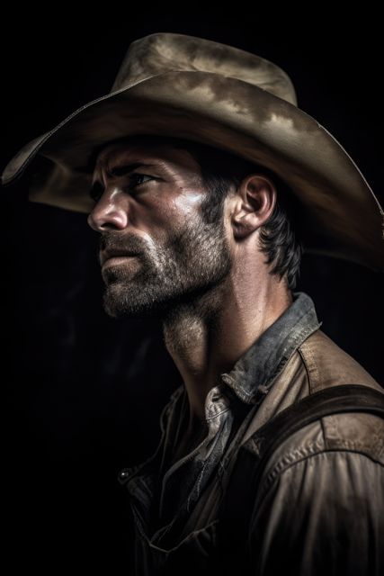 Portrait of rugged cowboy with hat and beard against a dark background. Strong and serious expression. Suitable for use in themes related to western culture, masculinity, strength, and vintage fashion.
