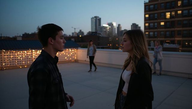 Young couple sharing tense rooftop conversation at dusk with skyline and string lights