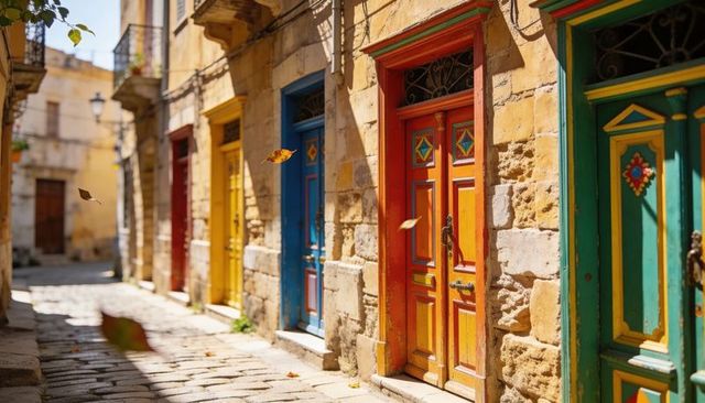 Sunlit mediterranean alley featuring colorful carved doors and ornate knockers