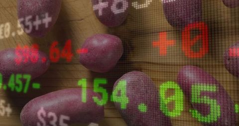 Purple potatoes merging with stock market led ticker overlay for food finance concept
