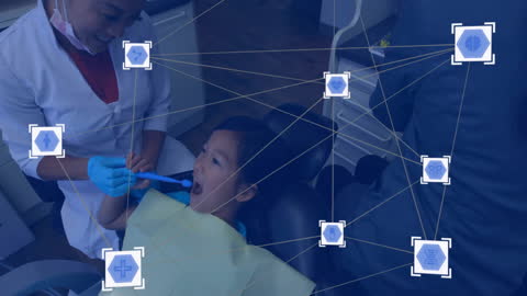 Child in Dentist Chair with Medical Technology Interface Overlay