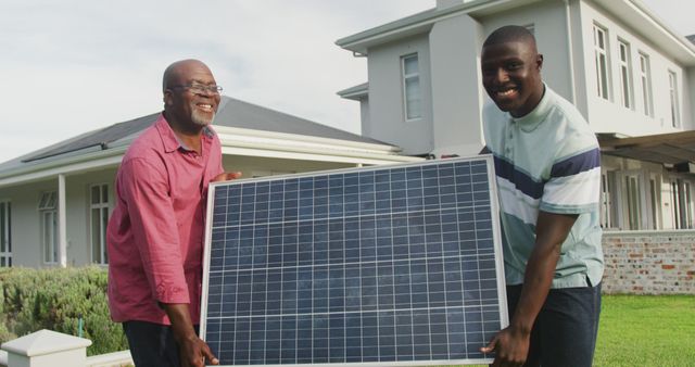 Father and son installing solar panel together, showcasing teamwork and sustainable living. This positive image can be used for renewable energy promotions, family bonding activities, or eco-friendly home improvement projects.