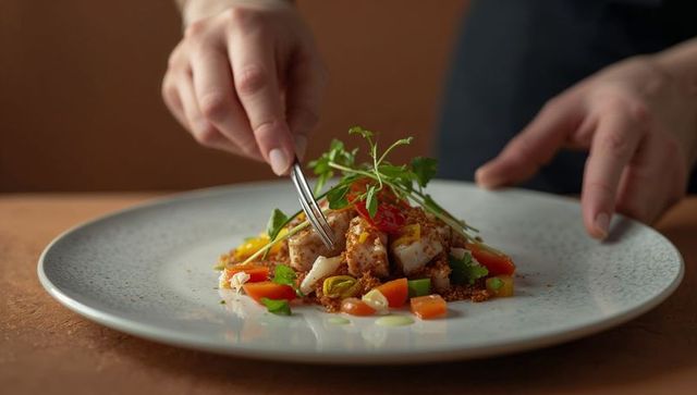 Chef plating microgreens with tweezers on speckled ceramic plate for gourmet presentation