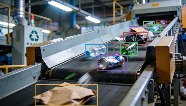 Conveyor belt transporting bottles, cans and waste through automated recycling line