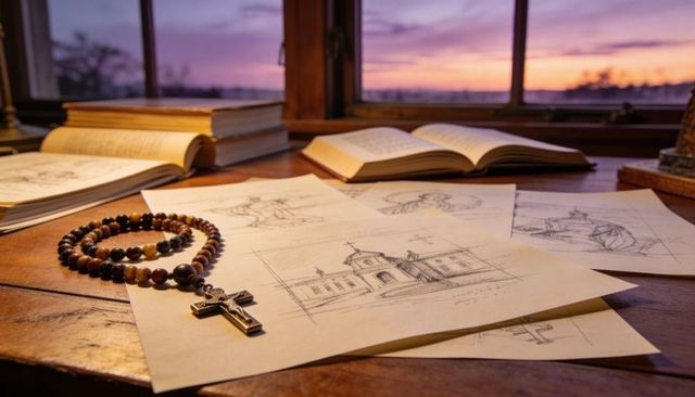 Rosary resting on wooden desk with church sketches and open books at sunset study