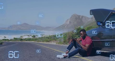 Man Sitting on Roadside Using Smartphone with 6G Technology Overlay