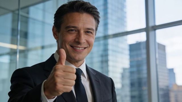 Confident businessman giving thumbs-up in highrise office with city skyline