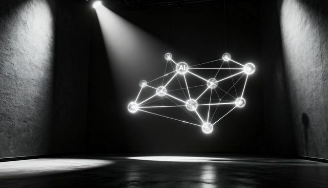 Futuristic ai neural network hologram glowing, hovering above concrete gallery under spotlight