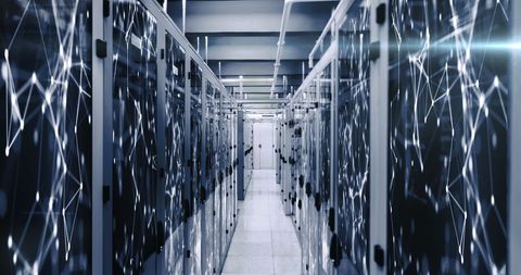 Futuristic Server Room with Data Network Overlay - Download Free Stock Images Pikwizard.com