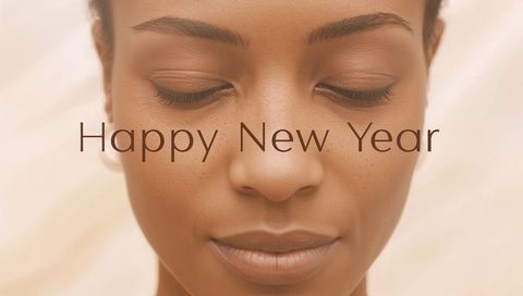 Black Woman Reflecting with Closed Eyes and Happy New Year Text on Soft Cream Backdrop