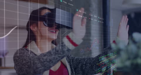 Woman Interacting with Virtual Reality Headset and Digital Data