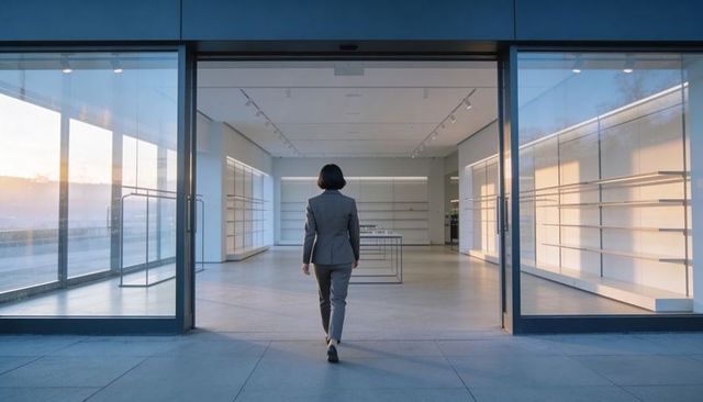 Businesswoman walking into minimalist luxury showroom with glass facade and empty shelving