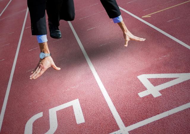 Depicts businessman preparing to start a race on a running track, symbolizing competition and motivation in a professional setting. Suitable for business training materials, motivational content, and illustrating teamwork and goal setting in corporate scenarios.