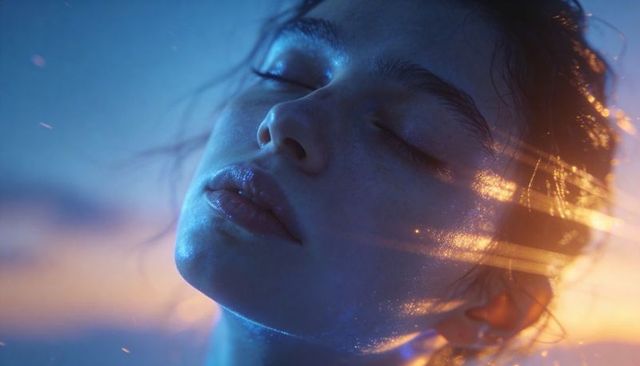 Glowing dreamlike portrait of woman showing dewy skin and glitter under colored lights