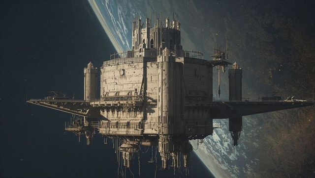 Orbiting industrial space station with docking decks and antennae near planet limb