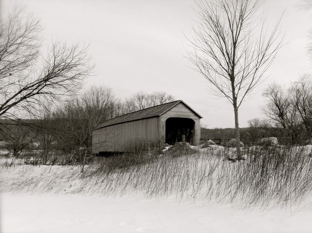 Vintage Winter Scene with Covered Wooden Bridge in Snowy Countryside - Download Free Stock Photos Pikwizard.com