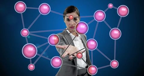 Businesswoman Engaging with Holographic Network Interface