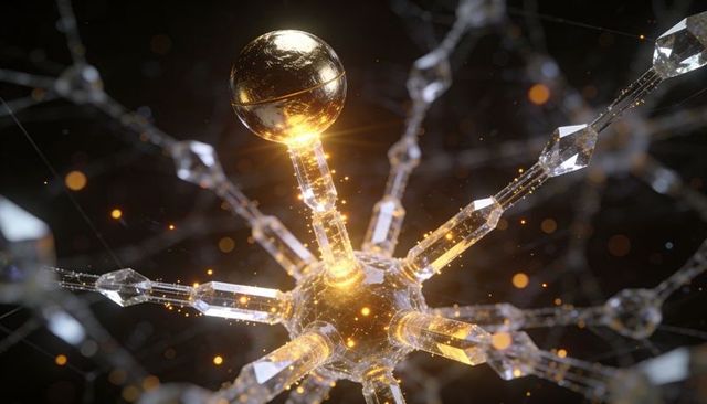 Luminescent crystal node with radiant gold core and faceted prism arms, futuristic concept