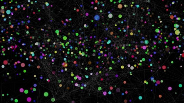 This vibrant animation of colorful dots connected by fine network lines on a black background is ideal for technology or data visualizations. Perfect for use in virtual event backgrounds, presentations, abstract art projects, and digital media content.