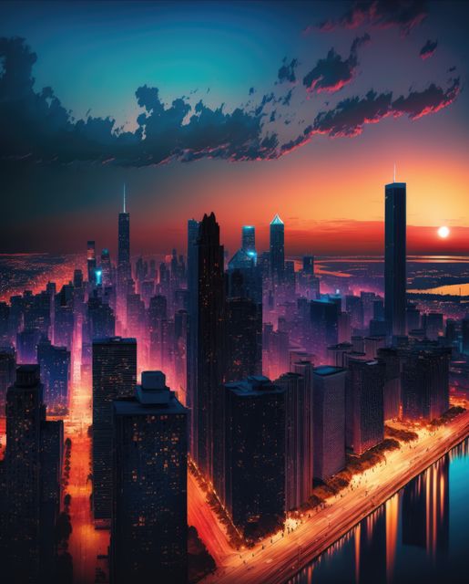 Cityscape with lit streets at sunset, created using generative ai technology. Architecture and skyline concept digitally generated image.
