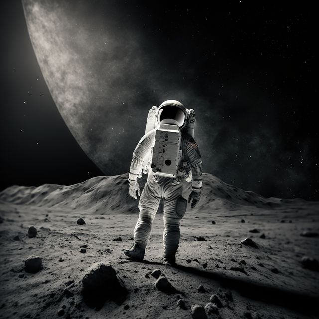 Astronaut exploring moon surface with large planet in the background. Perfect for sci-fi illustrations, space exploration concepts, and adventure themes. Ideal for educational materials on astronomy, posters, and inspirational content about human achievements in space.