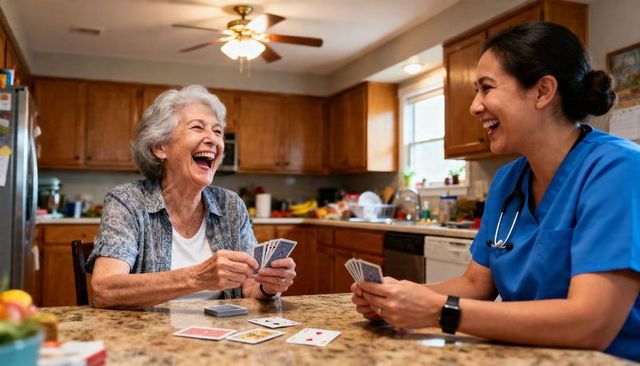 Senior woman laughing and playing cards with caregiver in blue scrubs at kitchen island
