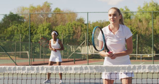 Two women playing doubles tennis on an outdoor court, showing focus and determination. This can be used for promoting sports events, fitness and health campaigns, and capturing the essence of teamwork and athleticism in competitive environments.