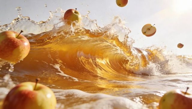 Curling amber juice wave carrying whole and halved apples for beverage advertising