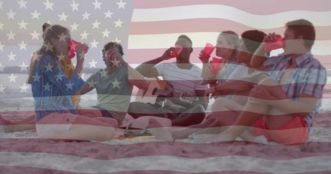 Patriotic Beach Party with Diverse Friends and American Symbolism