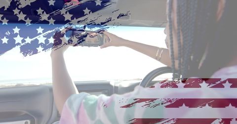 American Patriotism with Woman Enjoying Beachside Drive