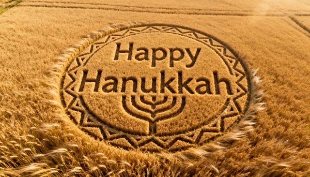 Happy hanukkah crop circle with menorah in golden wheat field aerial greeting