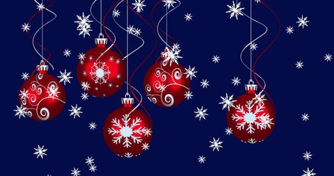 Red Christmas Baubles and Snowflakes on Dark Blue