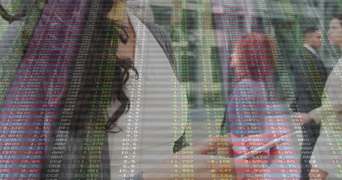 Businesswoman Reflecting with Stock Market Overlay in Financial Hub