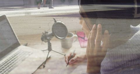 Businesswoman Recording Podcast in Urban Setting