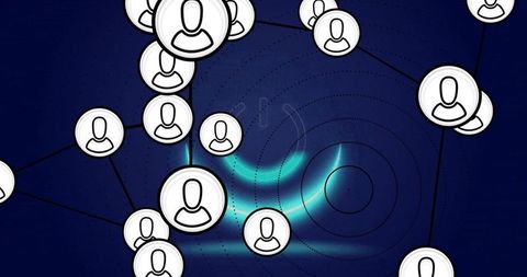 User avatar network visualization with interconnected nodes, teal glow and tech background