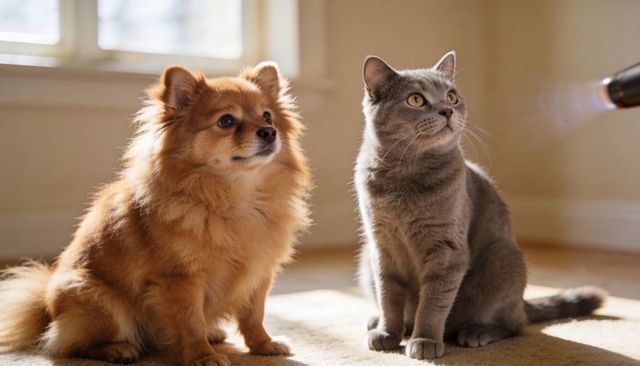 Pomeranian and gray cat sitting on sunlit rug watching light beam in cozy living room