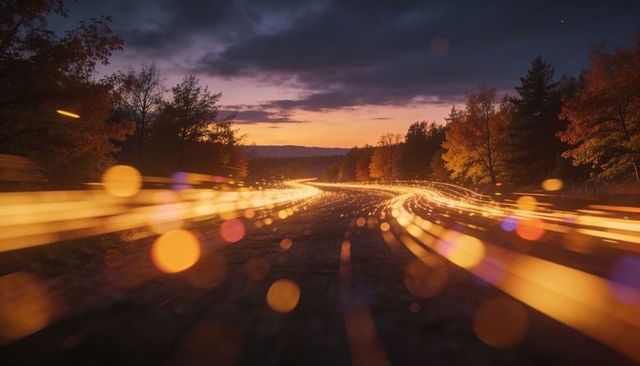 Curving Golden Light Trails Along Winding Road at Dusk, Cinematic Motion Blur