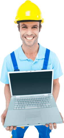 transparent repairman holding laptop wearing hard hat, smiling - Download Free Stock Videos Pikwizard.com