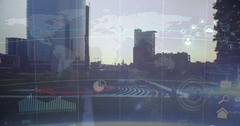 Augmented Reality Cityscape Overlay Displaying Global Data, Analytics, Network Interfaces