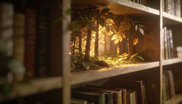Miniature enchanted forest terrarium glowing on wooden bookshelf among vintage hardbacks