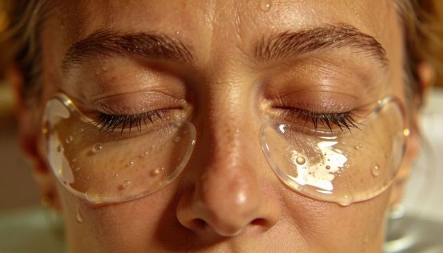Closeup of adult female relaxing with hydrogel under-eye patches, hydrating skin treatment