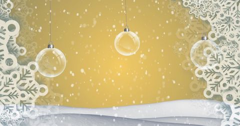 Hanging Clear Baubles with Falling Snow on Gold Background