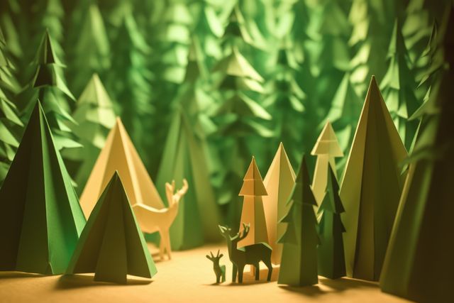 Artistic design shows paper-cut forest with deer family, illuminated by warm sunlight. Ideal for environmental campaigns, craft projects, artistic postcards, or decorating nature-related events. The composition captures the essence of tranquility and simplicity, offering inspiration for creative activities.