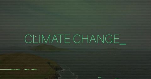 Neon climate change text over moody rocky coast with glitch overlay, environmental awareness
